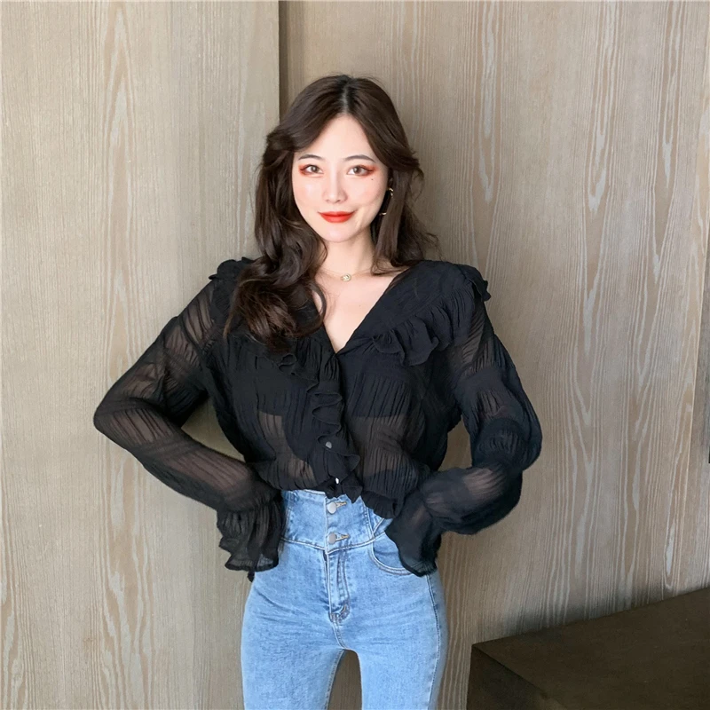 

Korean Clothes Ruffles Chiffon Loose Shirts Fashion Brand Ladies Tops Flare Sleeve Blusas Mujer De Moda 2021 New Spring Style