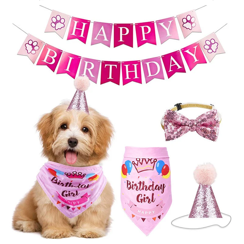

NEW Dog Birthday Hat Bow Tie Set Pet Birthday Party Pull Flag Decoration Triangle Scarf Bandana Dog Bibs Photo Props Supplies