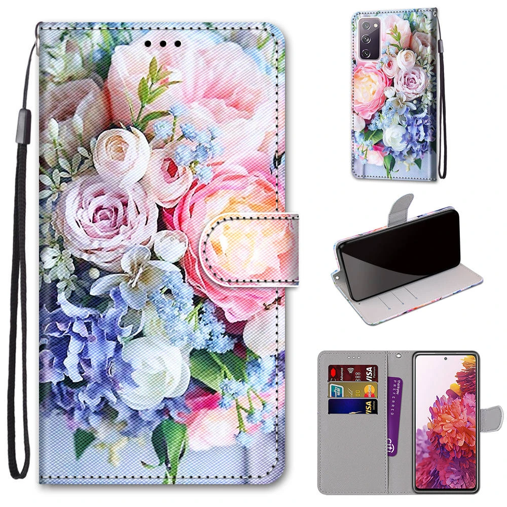 

Painted Leather Flip Phone Case For Samsung S9 S10 S20 FE Plus S5 S6 S7 S8 S10E Flower Wallet Card Holder Stand Book Cover