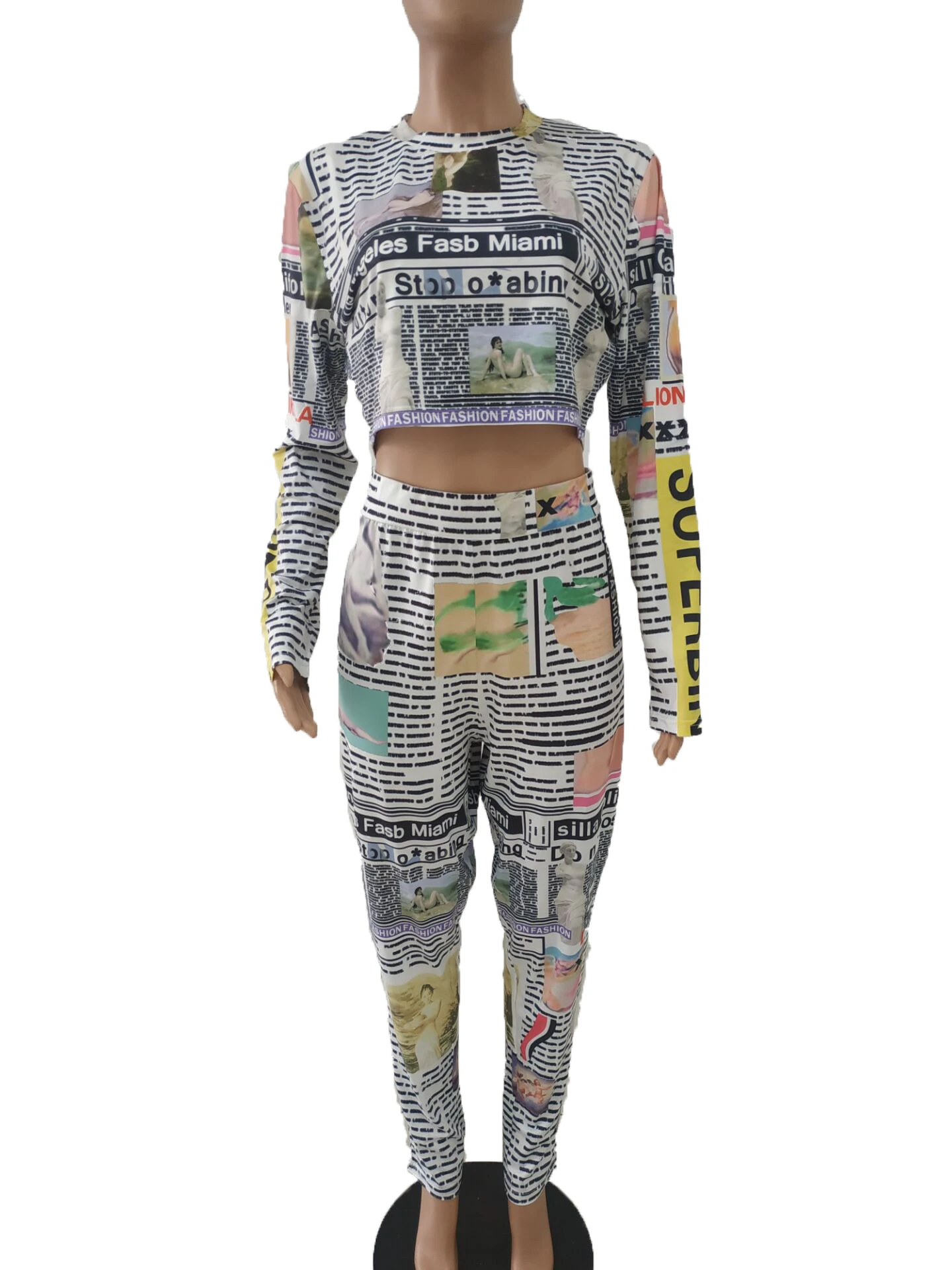 Женский костюм с длинным рукавом короткий топ и штаны принтом повседневный