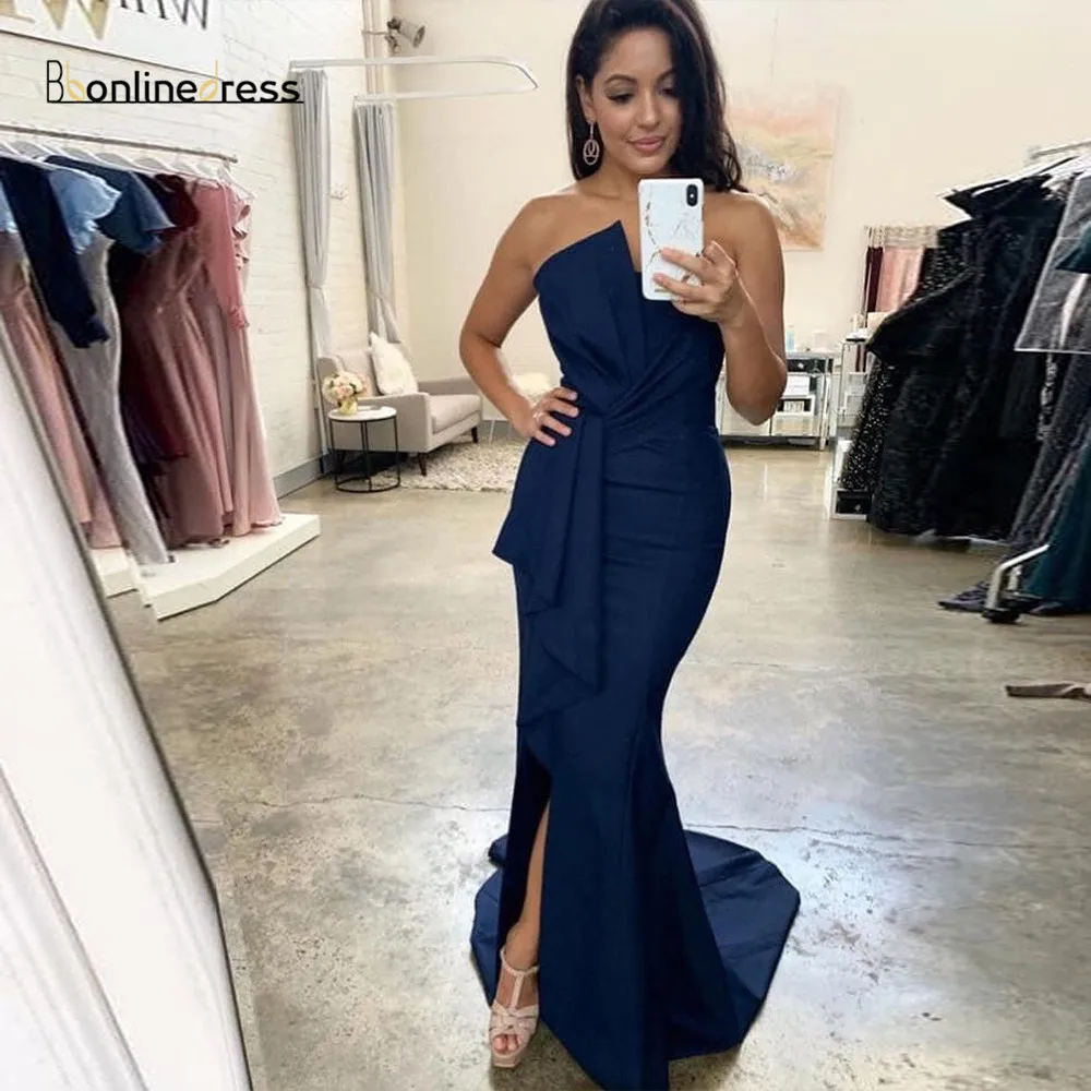 

2020 Navy Blue Evening Dress 2020 Soft Strapless Split Formal Party Gowns Mermaid Plus Size Evening Dresses robe de soiree