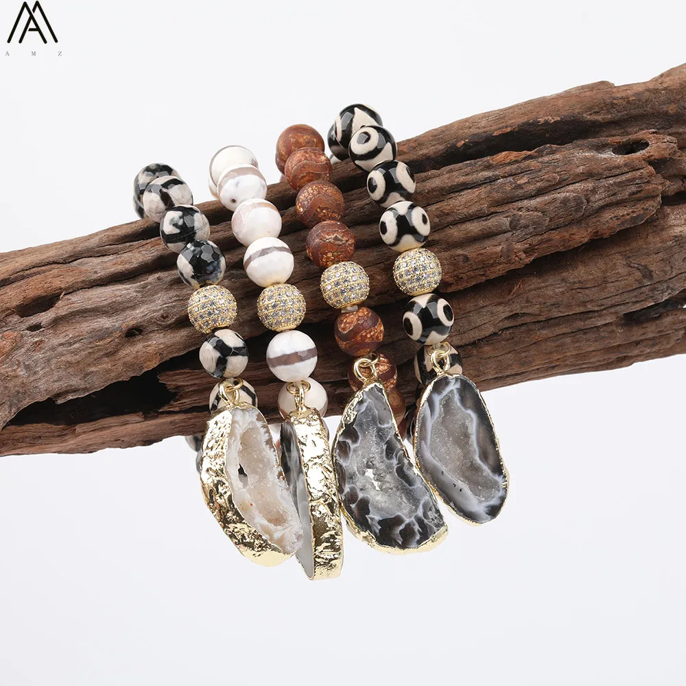 Натуральный 10 мм ФСУ тибетские Агаты круглые бусины эластичный браслет Бохо для