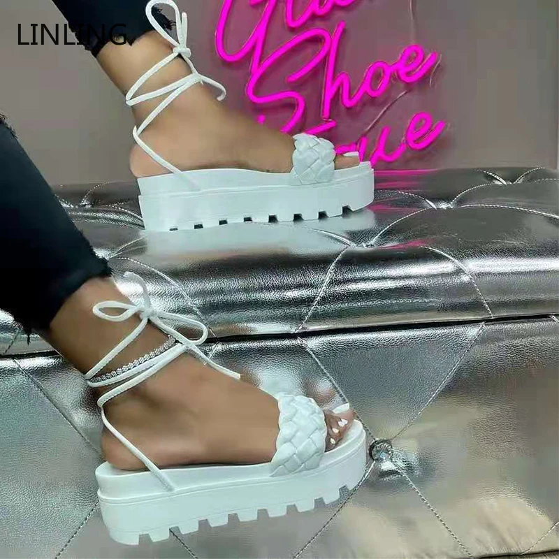 

2021 Women Gladiator Weave Sandals Female Cross Strap Platform Flat Ladies Casual Open Toe Shoes Woman Summer Sandalias Big Size