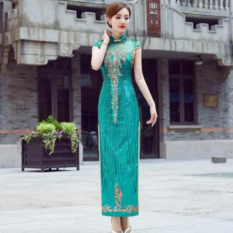 

Женское атласное платье-Ципао с блестками и цветочным принтом