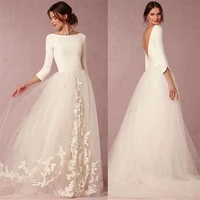 elegant spandex and tulle bateau neckline a line wedding dresses with lace appliques three quarter sleeves bridal dresse
