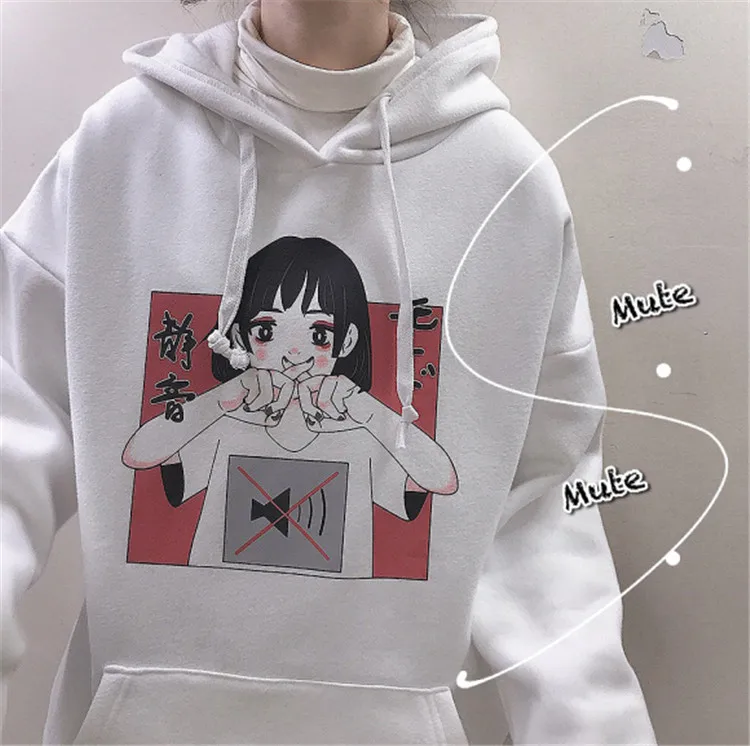 Harajuku Kawaii аниме девушка с капюшоном Толстовка японский Винтаж милый черный флис толстовка с рисунком женский объемный пуловер