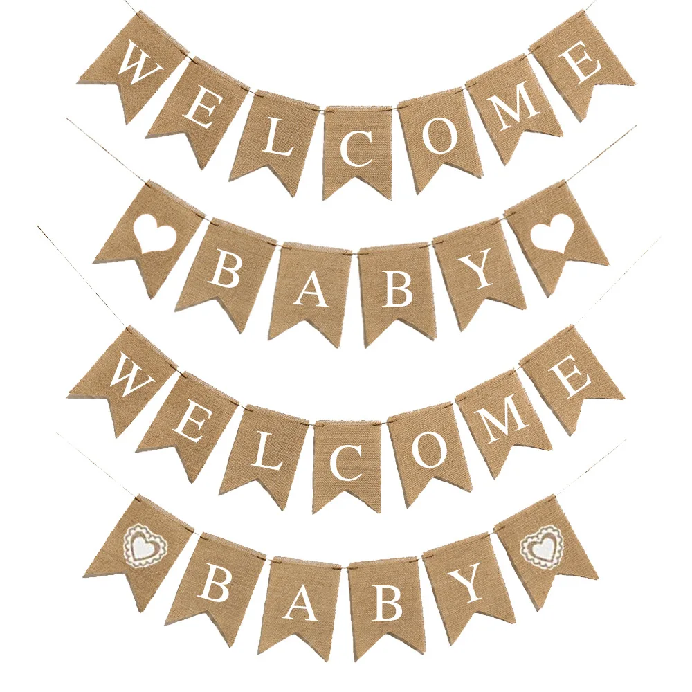 

Party supplies WELCOME BABY linen flag banner baby birthday banner birthday baby party pull decoration