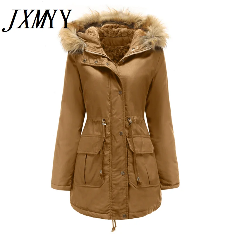 

Женское пальто JXMYY, зимняя верхняя одежда, толстые теплые парки, Новое поступление 2021, куртка с капюшоном и воротником из искусственного мех...
