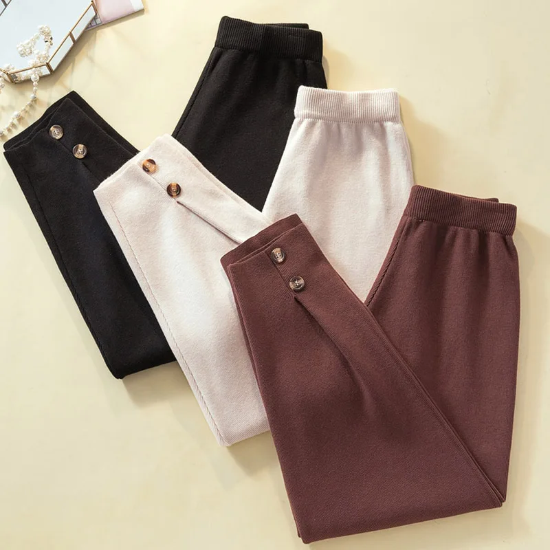 Женские плотные леггинсы с эластичной резинкой на талии вязаные шаровары