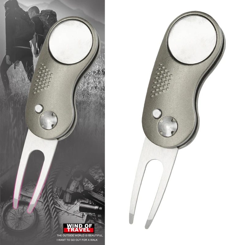 

Stainless Steel Folding Golf Divot Repair Fork with Magnetic Button Pitch Groove Switchblade Remover Cleaner Pitchfork