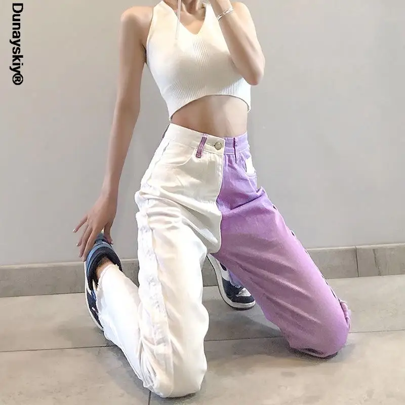 

2021 Y2K High Waist Straight Pants Purple White Splicing Jeans New Pocket Casual Streetwear Loose Wild Denim Trousers