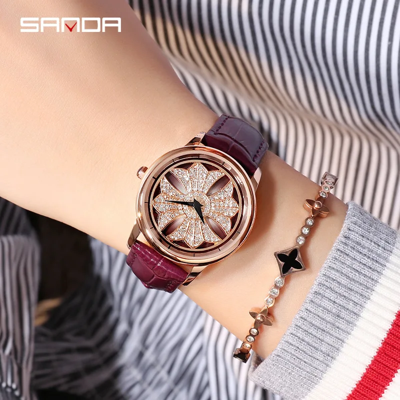 Sanda Топ бренд модные женские часы Изысканный цветочный циферблат вращающийся