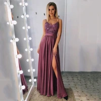 elegant spaghetti straps satin sexy sweetheart sleeveless side slit evening dress 2021 sweep train backless party gowms