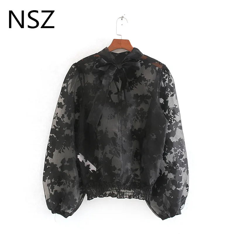 NSZ женская черная блузка из органзы с вышивкой воротник-стойка фатиновая рубашка