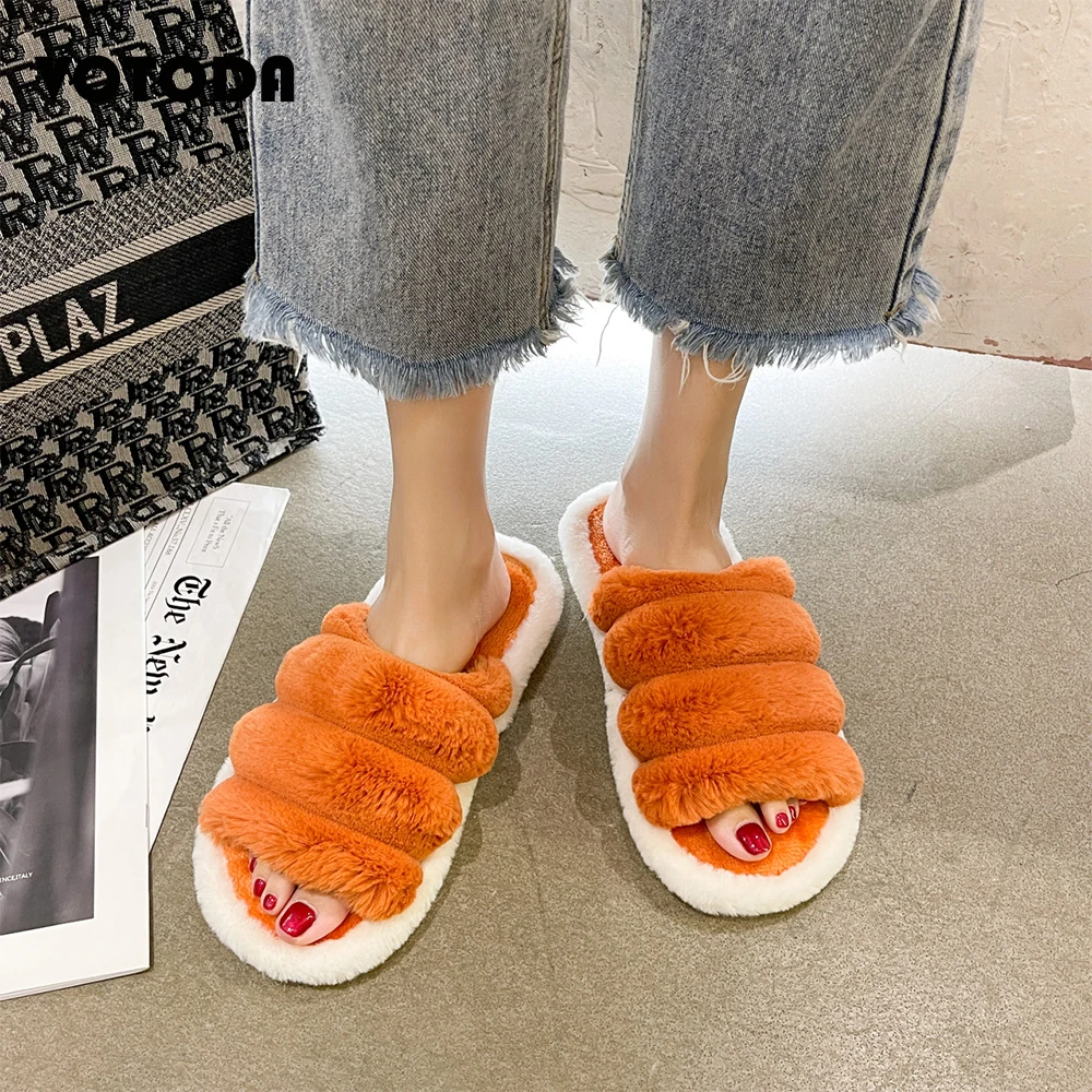 

New Winter Women Fluffy Faux Fur Slipper Couple Indoor Plush Slides Unisex Furry Flip Flop Men Home Nonslip Cotton Shoes Slip On