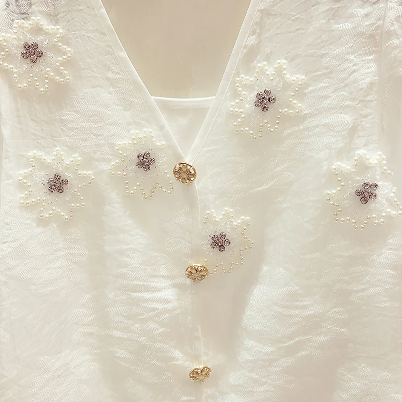 

2021 Summer New White Blouse Beads Diamond V Neck Puff Short Sleeve Shirt Women's Casual All-Matching Graceful Loose Tops