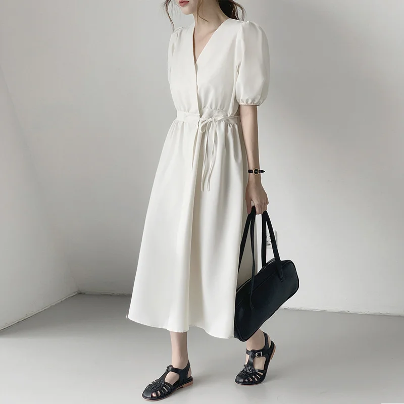 

Kywommnz 2021 Summer Women Dress Draw Back Thin Temperament V-neck French Thin Puff Sleeve Mid-Calf Skirt E3664