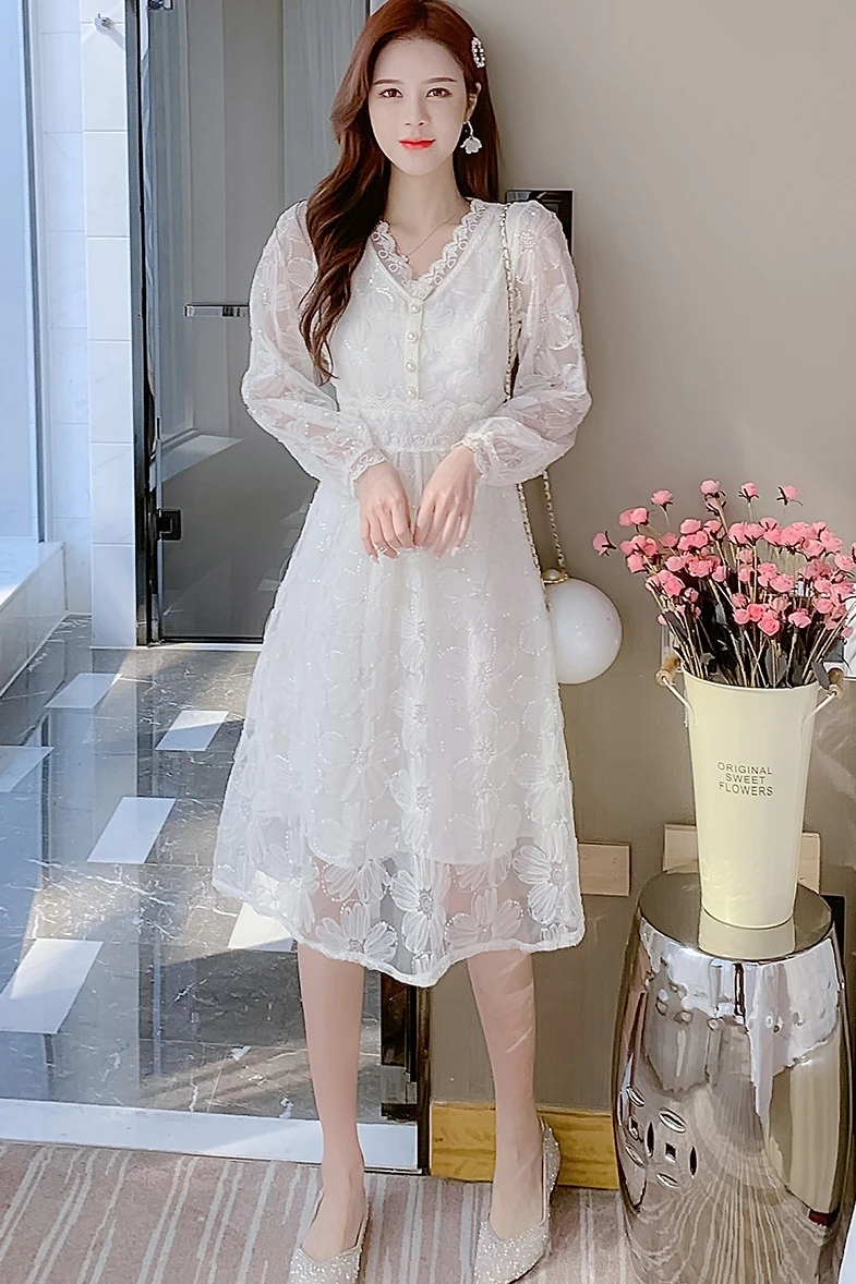 

COIGARSAM Full Sleeve Women dress Spring Lace Embroidery Belt Dresses 8293