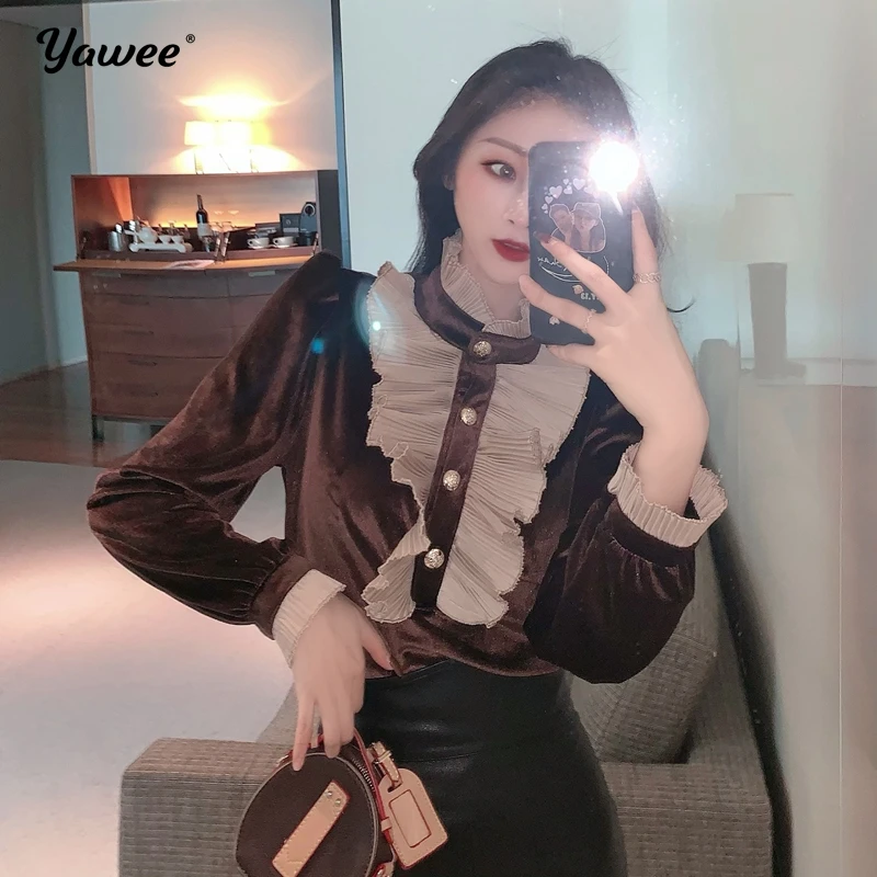 

Transparent ruffle Undershirt Long Sleeve Women o neck Tops Mesh Lace Base Shirt Hollow Out Base Top Bottoming Shirt