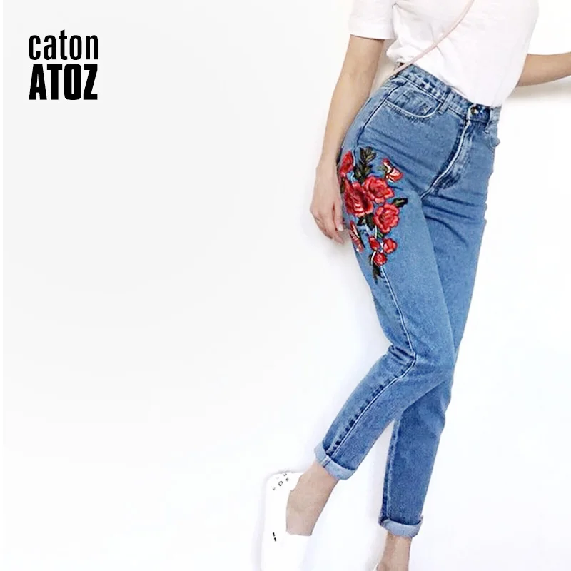 Женские джинсы с высокой талией catonATOZ вышитыми цветами Джинсы бойфренда брюки