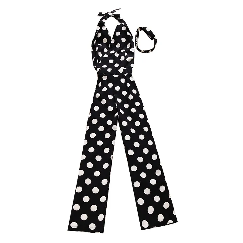 

2020 summer new halter polka dot chiffon women jumpsuits slim wide leg ankle length lady elegant jumpsuits top quality