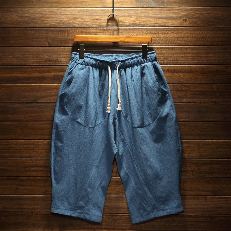 

Summer Men Cotton Linen Baggy Wide Leg Pants Joggers Pants Male Harajuku Vintage Sweatpants Mens Calf-Length Cross Pants Men