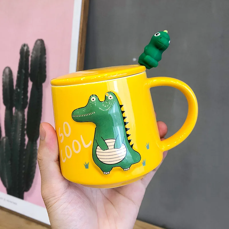 

New 400ml cute little dinosaur coffee cup ceramic cup with lid spoon household water cup for friends/children’s holiday gifts