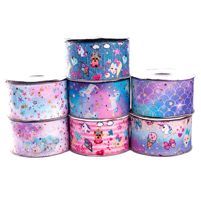 

Новая репсовая лента 75 мм, 3 дюйма, 10 ярдов, украшенная золотистой фольгой, с мультяшным рисунком