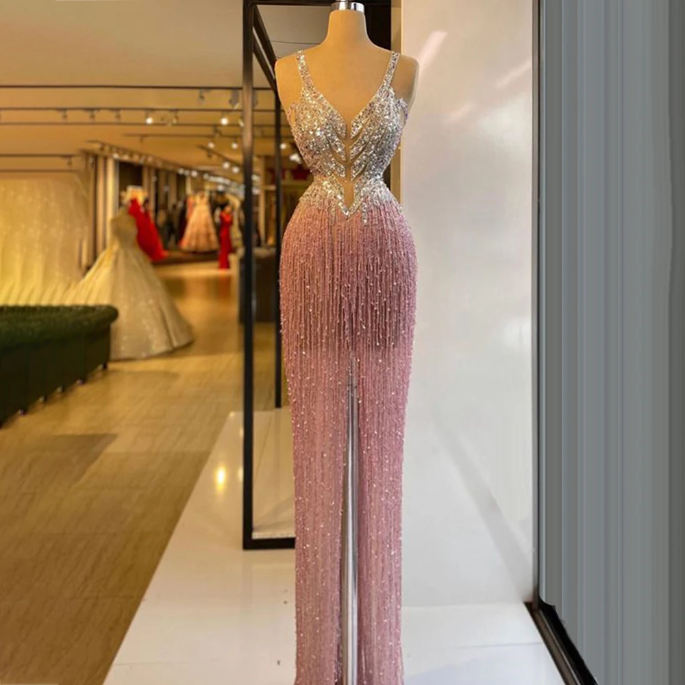 

Beaded Tassels Pink Elegant Dress for Women do baile de finalistas vestidos de fiesta largos elegantes de gala