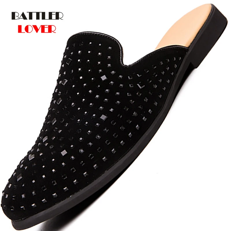 

Suede Leather Mules For Men 2021 Casual Summer Slip-On Slippers On Backless Male Diamond Loafers Lazy Person Fashion Half Shoes
