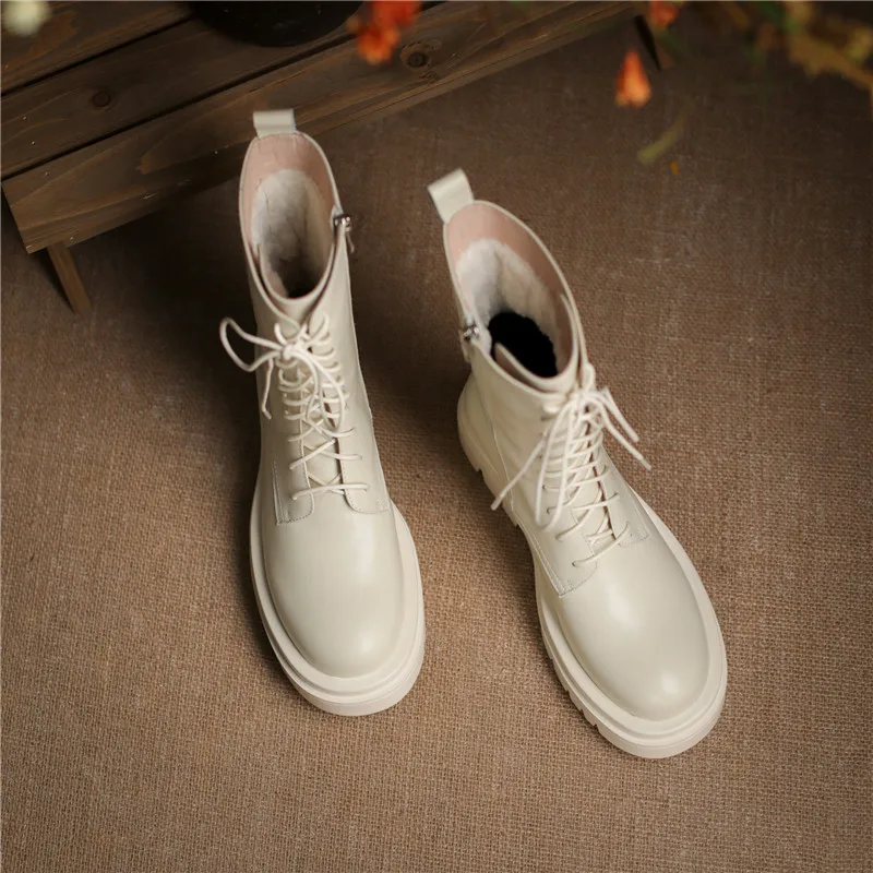 Murah Sgesvier 2021 Besar Ukuran 34-42 Musim Dingin Sepatu Bot Fashion Renda Tetap Hangat Untuk Wanita Kulit Asli Sepatu Beras Hitam Putih