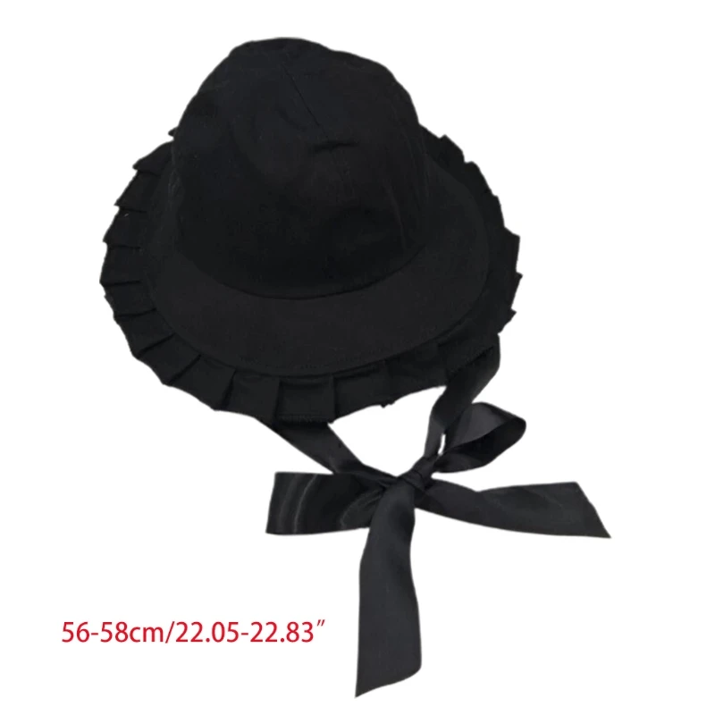 

Women Sweet Ruffles Wide Brim Bucket Hat with Long Ribbon Lolita Fisherman
