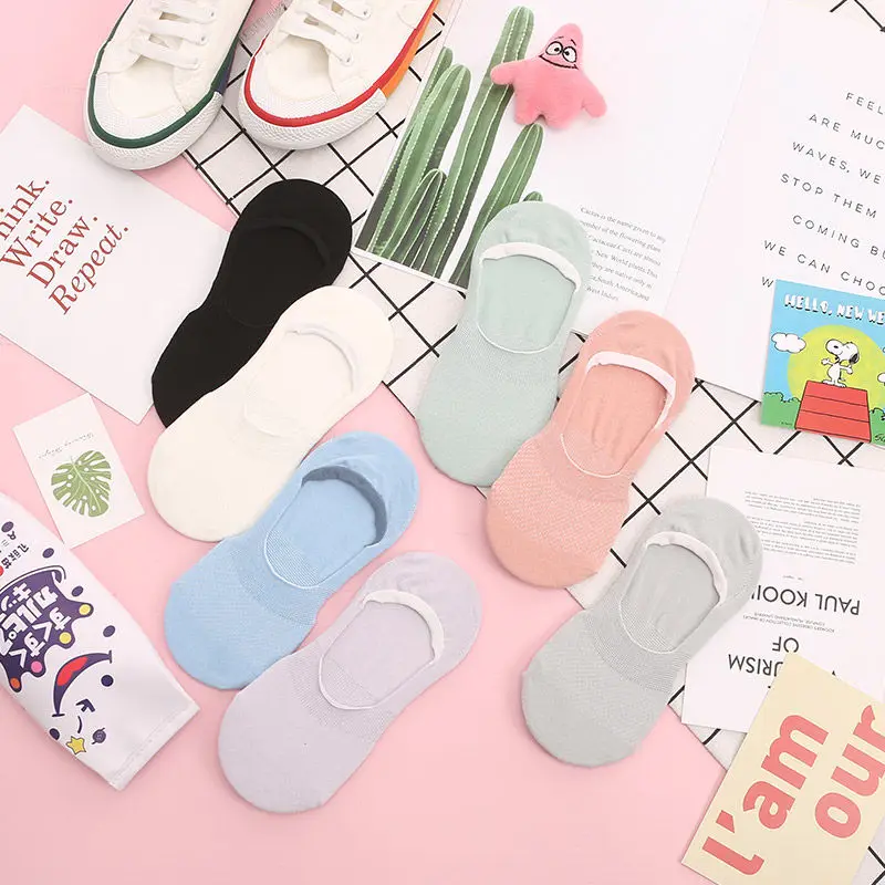 Sfree 6Pairs Ultra-Thin Invisible Mesh Breathable Solid Color Low-Cut Shallow Mouth Cute Japanese Boat Socks In Summer