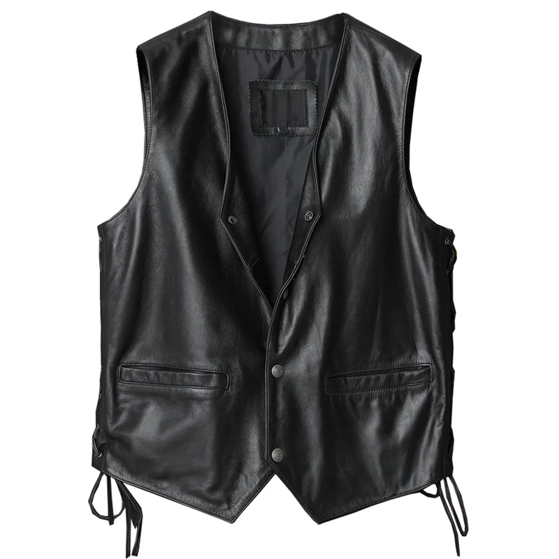 

Genuine Leather Business Men Vest Cowhide Sleeveless Dress Suit Weskit Waistcoat For Male Automotive Vest 5XL Single-breasted