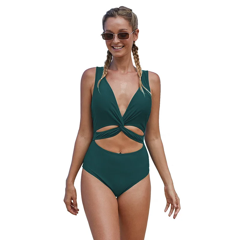 

European and American One-Piece Swimming Suit Solid Color Backless Sexy Cross High Waist Swimming Suit Swimsuit Women