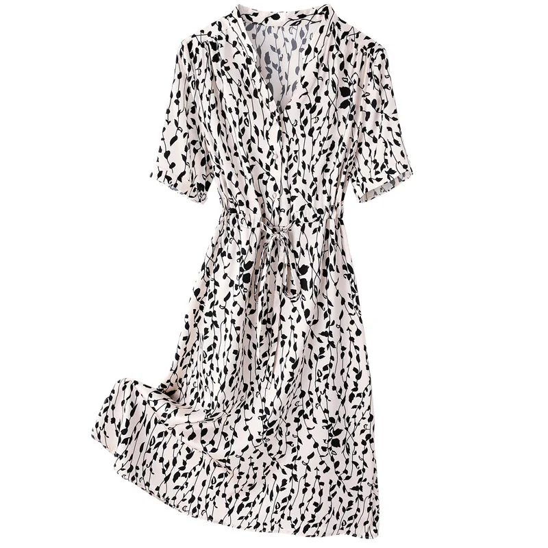 

Heavyweight Real Silk Dress Women's Hangzhou Satin Mulberry Silk Women's Dress 2021 New V-neck Sashes Slim Printed Dress