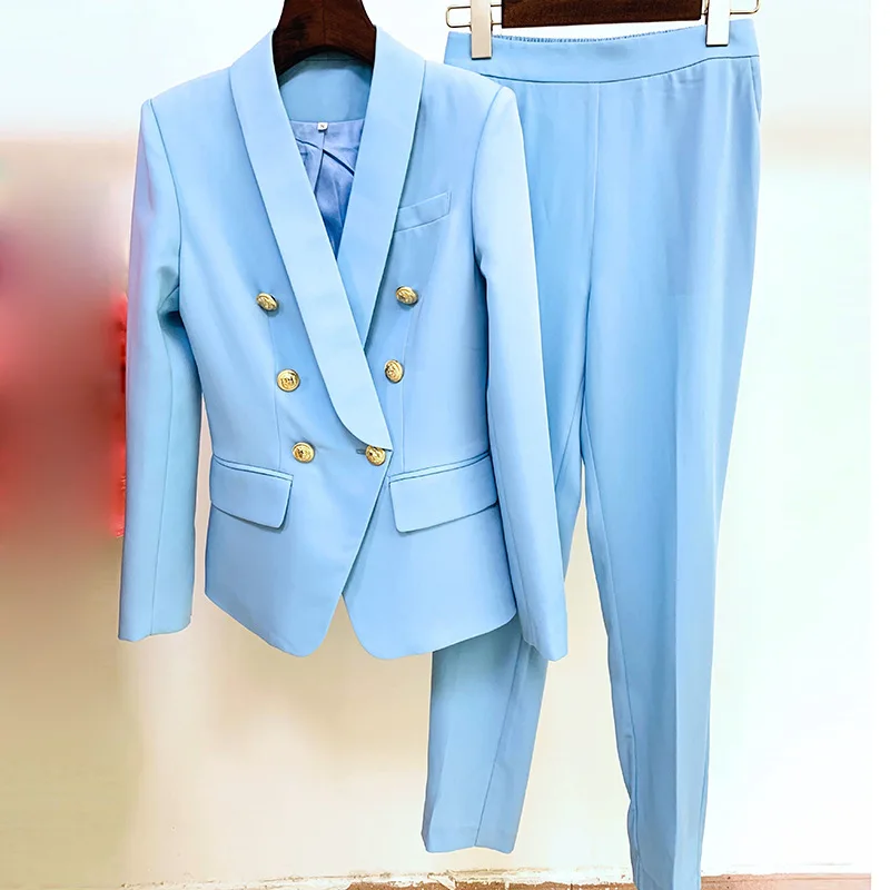

Brand New Lady Office Solid Color Professional Wear 2-Piece Sets Classic Shawl Collar Blazer Semi-Elastic Waist Cropped Trousers