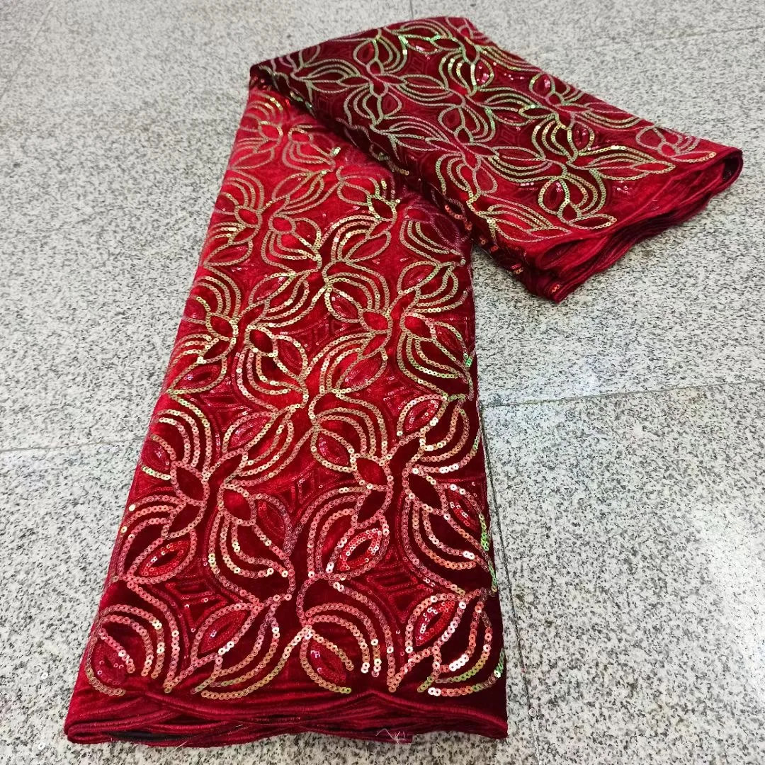 

Красный 2021 бархат с блестками кружевная высокое качество изумрудно-последняя вышивка кружевной ткани для вечерние Нигерия Африканский NMH4953