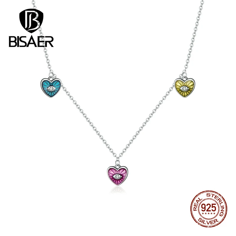 

BISAER 925 Sterling Silver Yellow Pink Blue Devil Demon Eyes Pendant Necklace For Women 2021 Elegant Fashion Fine Jewelry ECN469