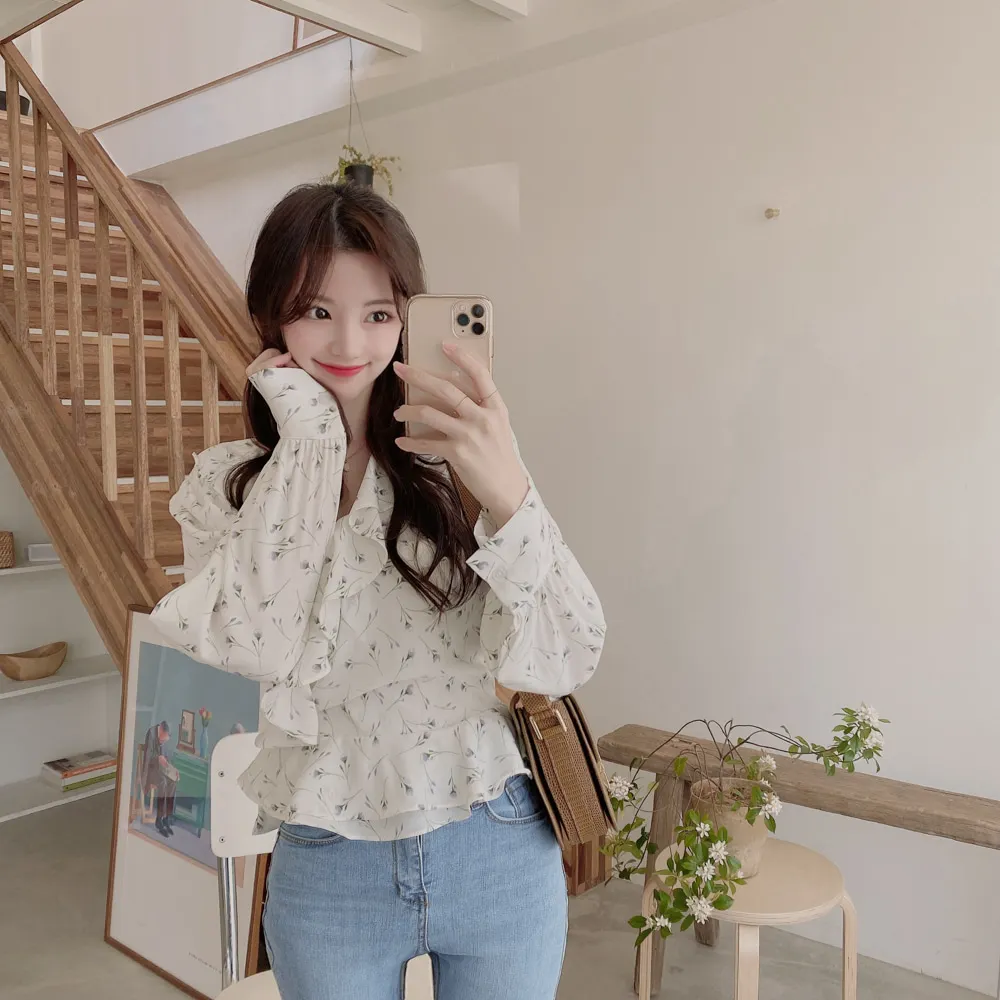 Рубашка женская в стиле оверсайз с винтажным принтом Топ длинным рукавом для