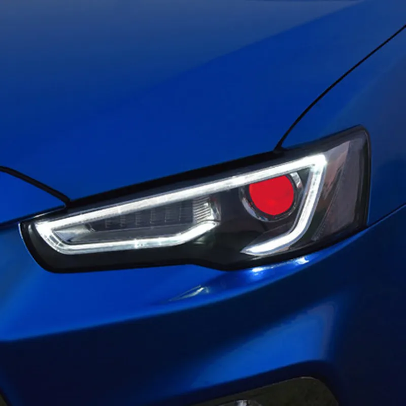 

LED Strip Front Light for Mitsubishi Lancer Headlights Assembly Dual Beam Head Lamp Devil Eyes Halo Projector Audi Style