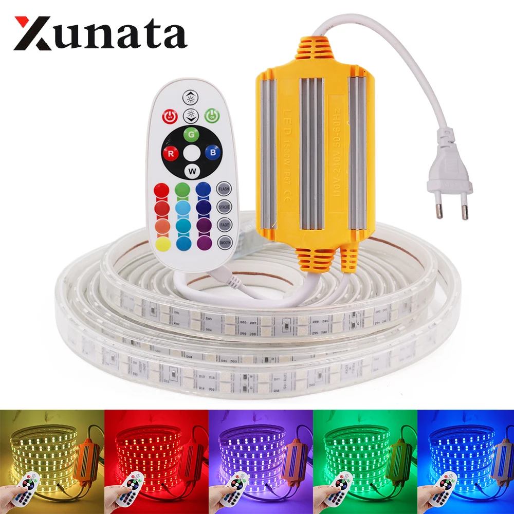 

220V LED Strip Light RGB 5050 60/120LEDs/m Flexible Tape Ribbon Waterproof Outdoor Use LED Light Strip with IR Remote Controller