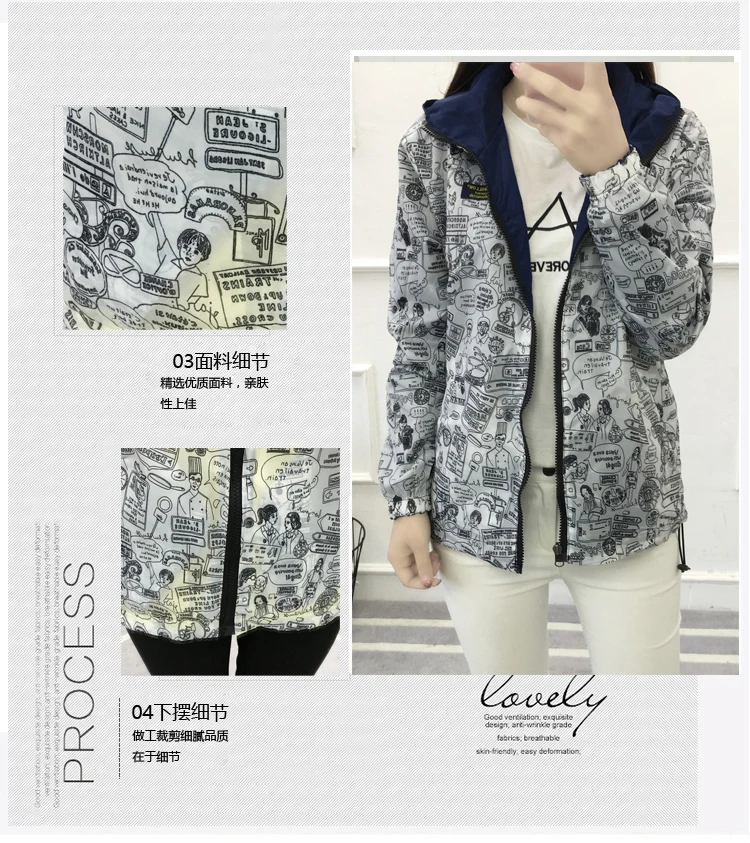 

Spring Autumn 2020 Fashion Women Jacket Coat Pocket Zipper Hooded Two Side Wear Cartoon Print Outwear Casual Loose Plus Size