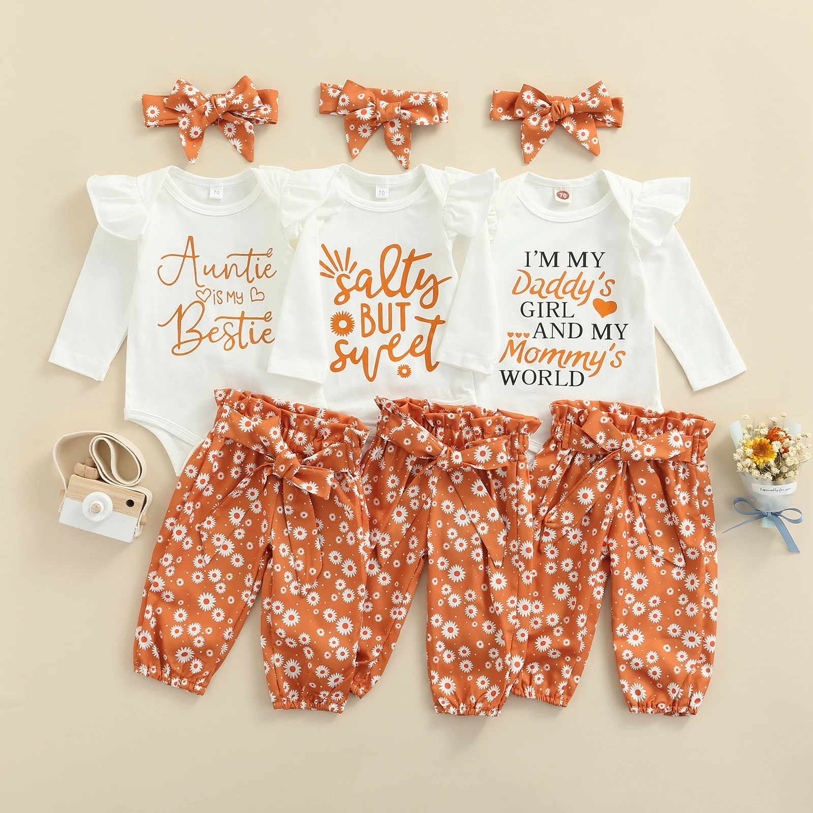 

Newborn Infant Baby Girl Clothes Set Letter Printed Long Sleeve Bodysuit Flower Print Pants Hat Headband Outfits Set