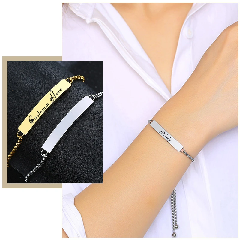 

Adjustable Women Bracelets Customize Stainless Steel ID Bangle Minimalist Vintage Bracelet BFF Jewelry