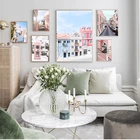 Автомобиль океан Розовый телефонная будка маленький город настенное Искусство Холст Живопись скандинавские s и принты настенные картины для гостиной Декор