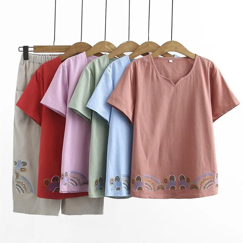 

One-Piece/Suit Mom Summer Clothes Short Sleeve Two-Piece Suit Plus Size Cotton and Linen Embroidery T-shirt Fashion Casual