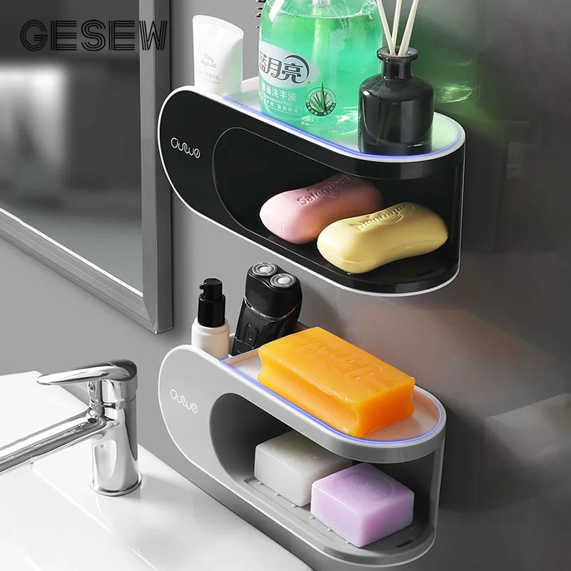 

GESEW Drainer Soap Dish For Bathroom Multifunction Soap Holder With Hooks Organizer Punch-free Storage Box Bathroom Accessories