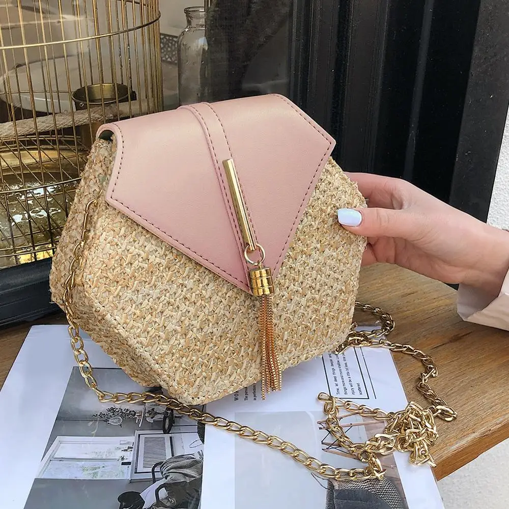 Женская шестиугольная сумка мессенджер из ротанга с цепочкой искусственной