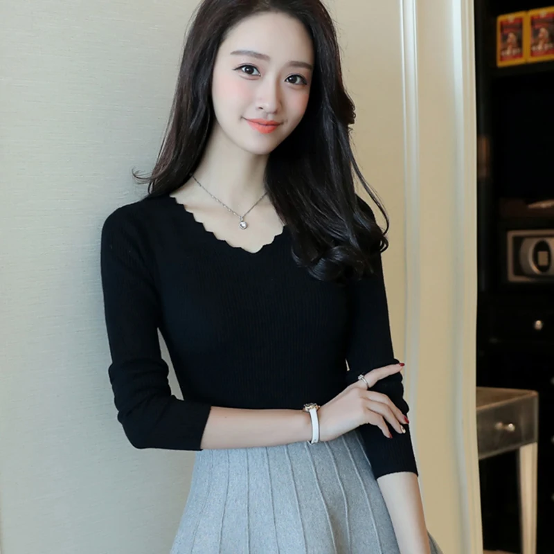 Pullovers Women V-Neck Simple All-match Basic Top Pullover Womens Solid Jumper Slim Long Sleeve Knitted High Quality Elasticity Женская